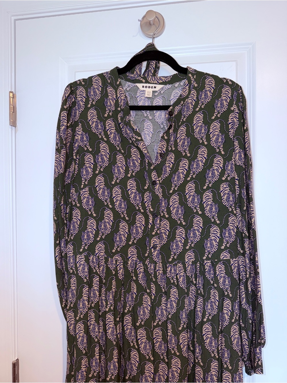 Boden Green Purple and Tan Tiger Print Maxi Dress with Tie Waist - Picture 10 of 11